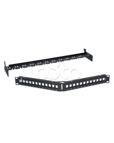 Патч-панель угловая модульная 19, 1U, 24 порта RJ-45, для неэкранированных модулей, с задним кабельным организатором (без модулей) Cabeus PLB-24-CON в Ставрополе Патч панель Pintop.ru