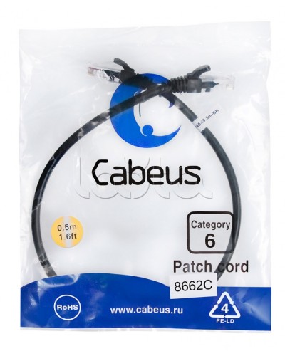 Патч-корд UTP, категория 6, 0.5 м, неэкранированный, черный Cabeus PC-UTP-RJ45-Cat.6-0.5m-BK в Ставрополе Патчкорды (медные) Pintop.ru