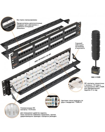 Патч-панель 19, 2U, 48xRJ45 NIKOMAX (NMC-RP48UE2-2U-BK) в Ставрополе Патч панель Pintop.ru
