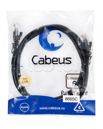 Патч-корд UTP, категория 6, 2 м, неэкранированный, черный Cabeus PC-UTP-RJ45-Cat.6-2m-BK в Ставрополе Патчкорды (медные) Pintop.ru