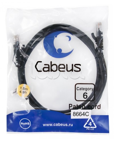 Патч-корд UTP, категория 6, 1.5 м, неэкранированный, черный Cabeus PC-UTP-RJ45-Cat.6-1.5m-BK в Ставрополе Патчкорды (медные) Pintop.ru