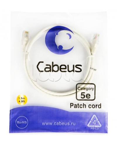 Шнур коммутационный RJ-45 кат.5е (1.5 м) Cabeus PC-UTP-RJ45-Cat.5e-1.5m-WH в Ставрополе Патчкорды (медные) Pintop.ru