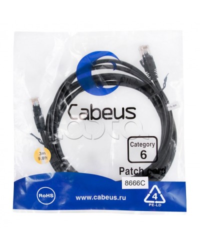 Патч-корд UTP, категория 6, 3 м, неэкранированный, черный Cabeus PC-UTP-RJ45-Cat.6-3m-BK в Ставрополе Патчкорды (медные) Pintop.ru