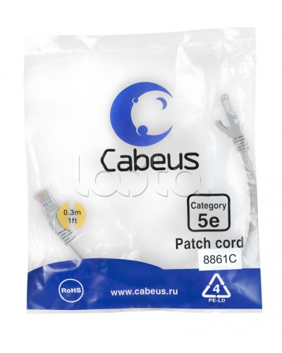 Патч-корд медный U/UTP кат.5е (0,3м) LSZH (белый) Cabeus (PC-UTP-RJ45-Cat.5e-0.3m-WH-LSZH) в Ставрополе Патчкорды (медные) Pintop.ru