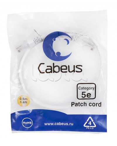Патч-корд UTP, категория 5e, 0.5 м, неэкранированный, белый Cabeus PC-UTP-RJ45-Cat.5e-0.5m-WH в Ставрополе Патчкорды (медные) Pintop.ru