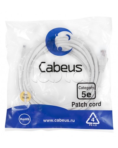 Патч-корд UTP, категория 5e, 5 м, неэкранированный, белый Cabeus PC-UTP-RJ45-Cat.5e-5m-WH в Ставрополе Патчкорды (медные) Pintop.ru