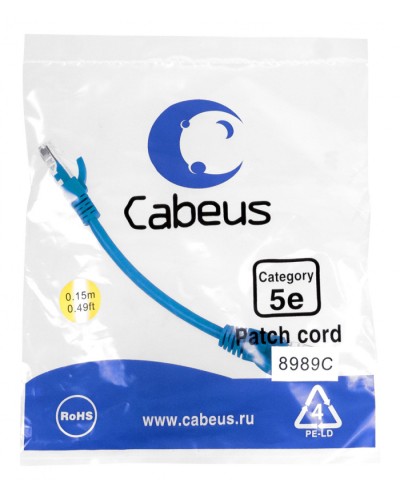 Патч-корд медный U/UTP кат.5е (0,15м) LSZH (синий) Cabeus (PC-UTP-RJ45-Cat.5e-0.15m-BL-LSZH) в Ставрополе Патчкорды (медные) Pintop.ru