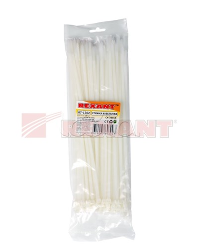 Хомут-стяжка нейлоновый 5х300 мм белый (100шт/уп) REXANT 07-1302 в Ставрополе Стяжки-хомуты Pintop.ru