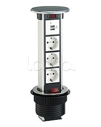 Блок розеточный встраеваемый в стол, 4 поста (45х45) IP54, с выключателем нагрузки (алюм+нерж.сталь) Экопласт 70334 в Ставрополе Блоки розеток Pintop.ru